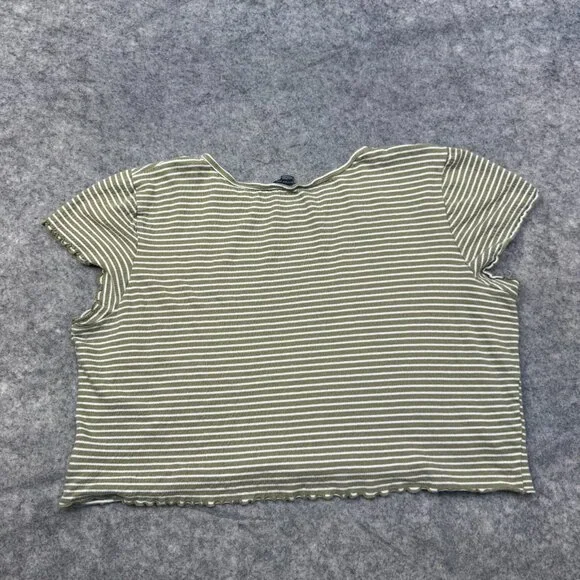 American Eagle T Shirt Womens XL Green Striped Ribbed Crop Top Lettuce Hem - Picture 2 of 8
